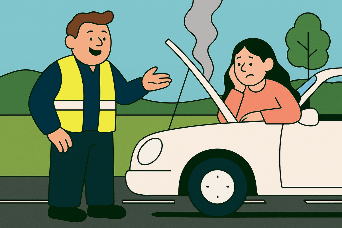 Roadside assistance technician helping a stranded driver with vehicle breakdown repair